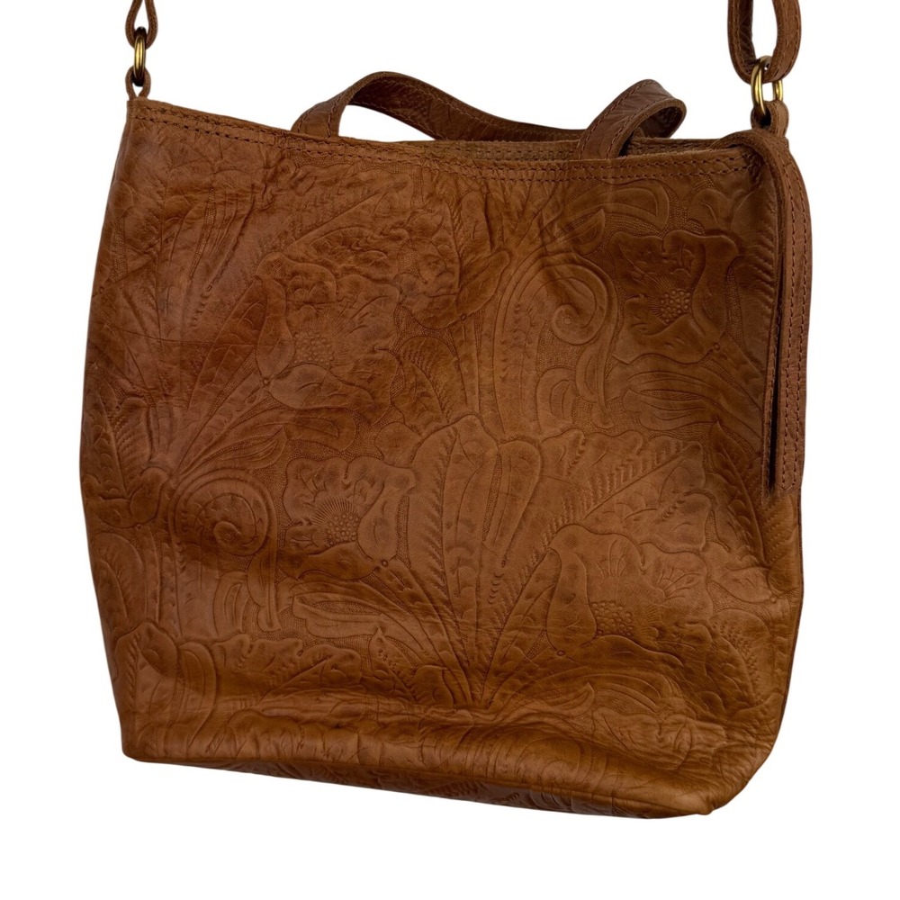 Margot New York Cognac Floral Embossed Leather Crossbody Tote Bag Brown